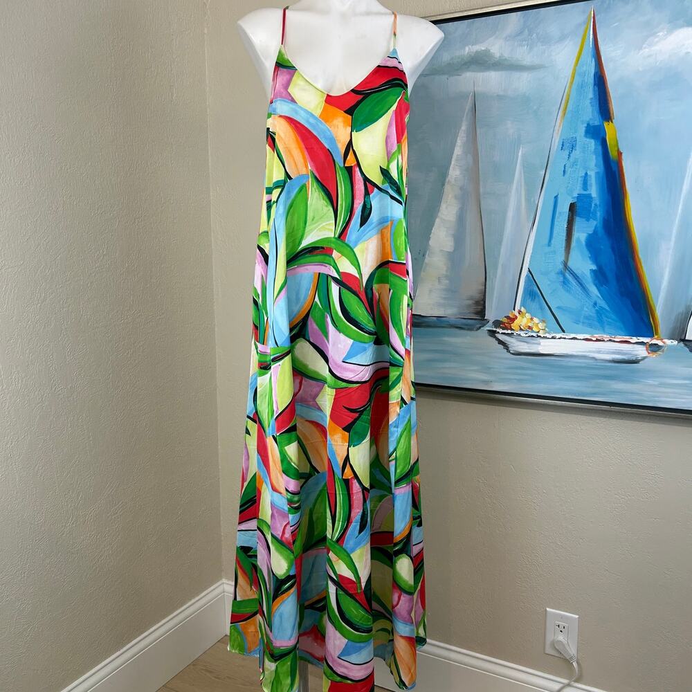Nicole Miller NY Maxi Dress Abstract Print Satin Multicolor size Large NWT - Picture 2 of 9